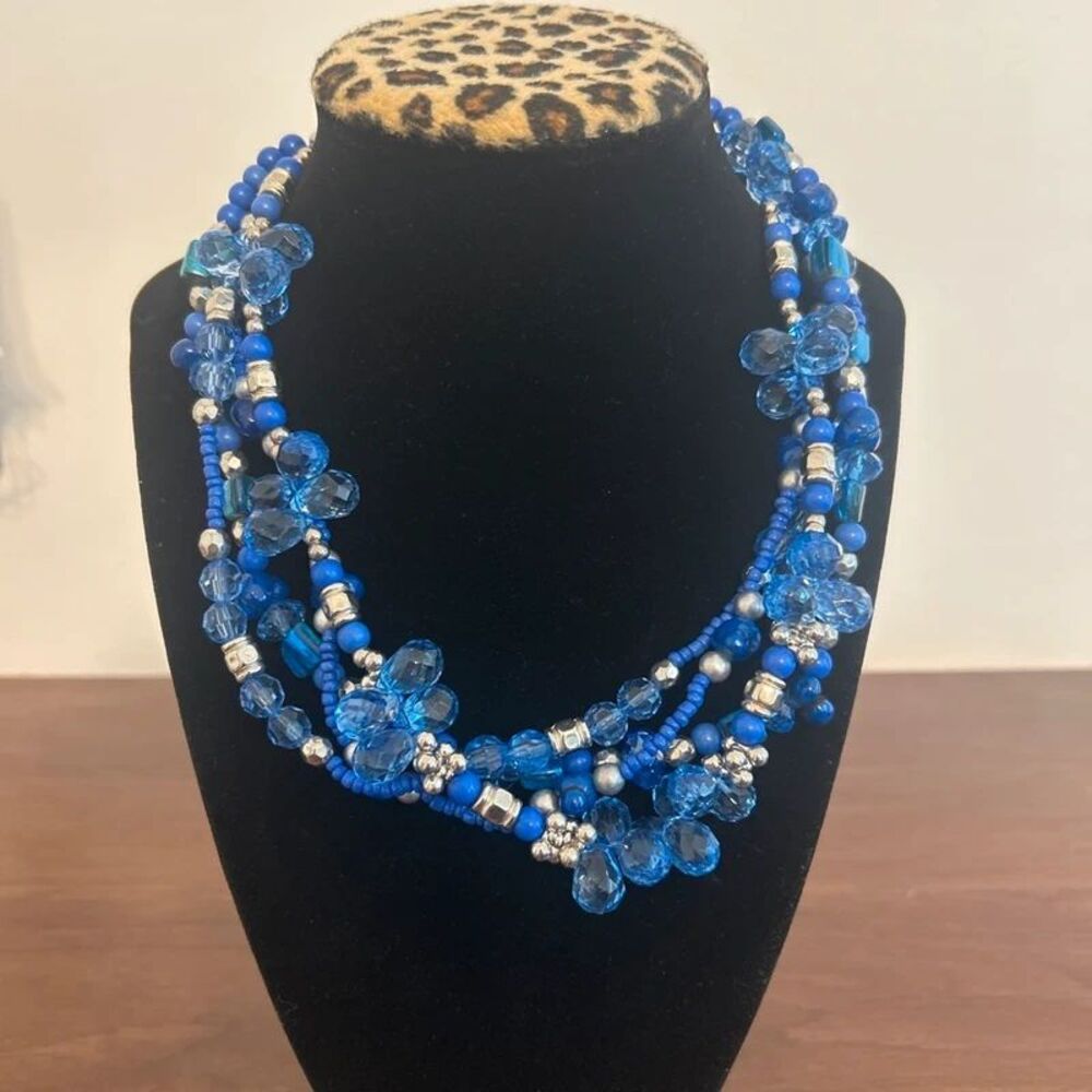 Blue Multi Strand Beaded Statement Necklace